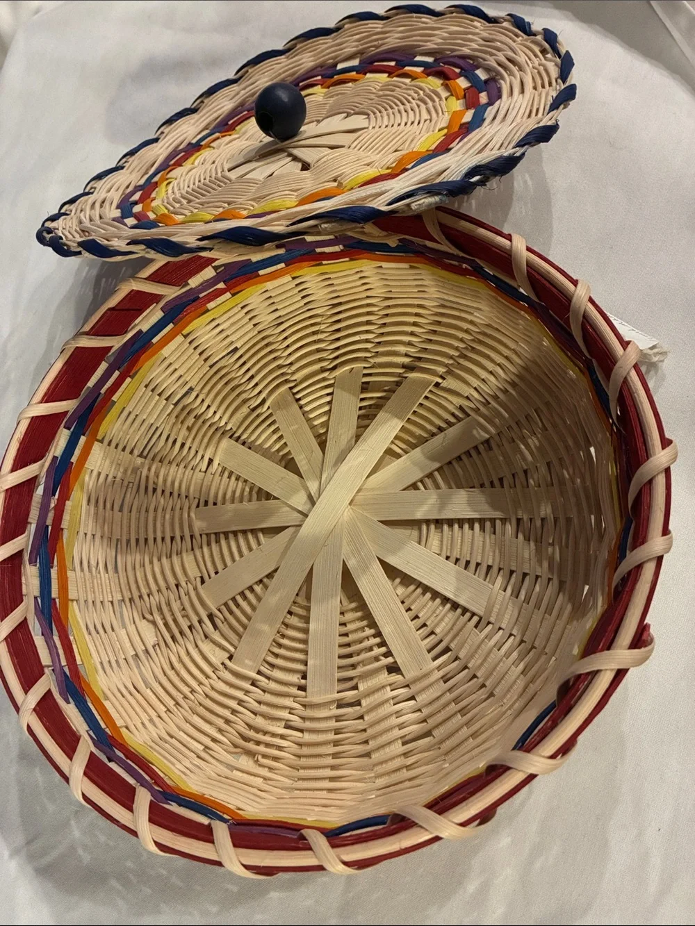 Handwoven Tortilla Basket Natural Wicker Basket Multicolor Accent Lid Wood Knob